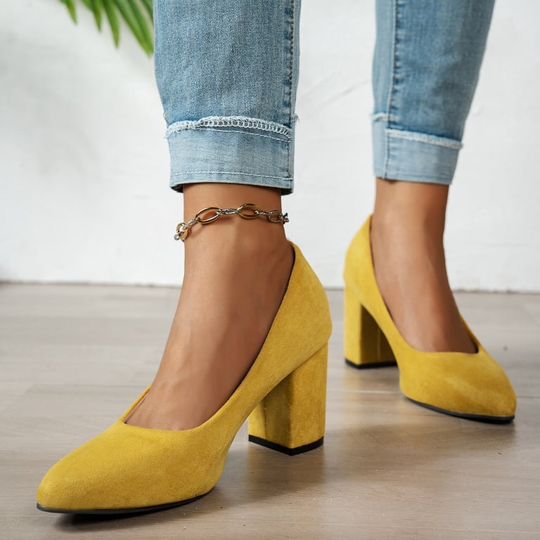 ladies yellow dress shoes Rokment Womens High Heels for Business Office Work Spring Fall Fashionable Suede Solid Pointed Toe Chunky Block Formal Dressy Pumps with 3 Inch Heeled Size 8 Customisable