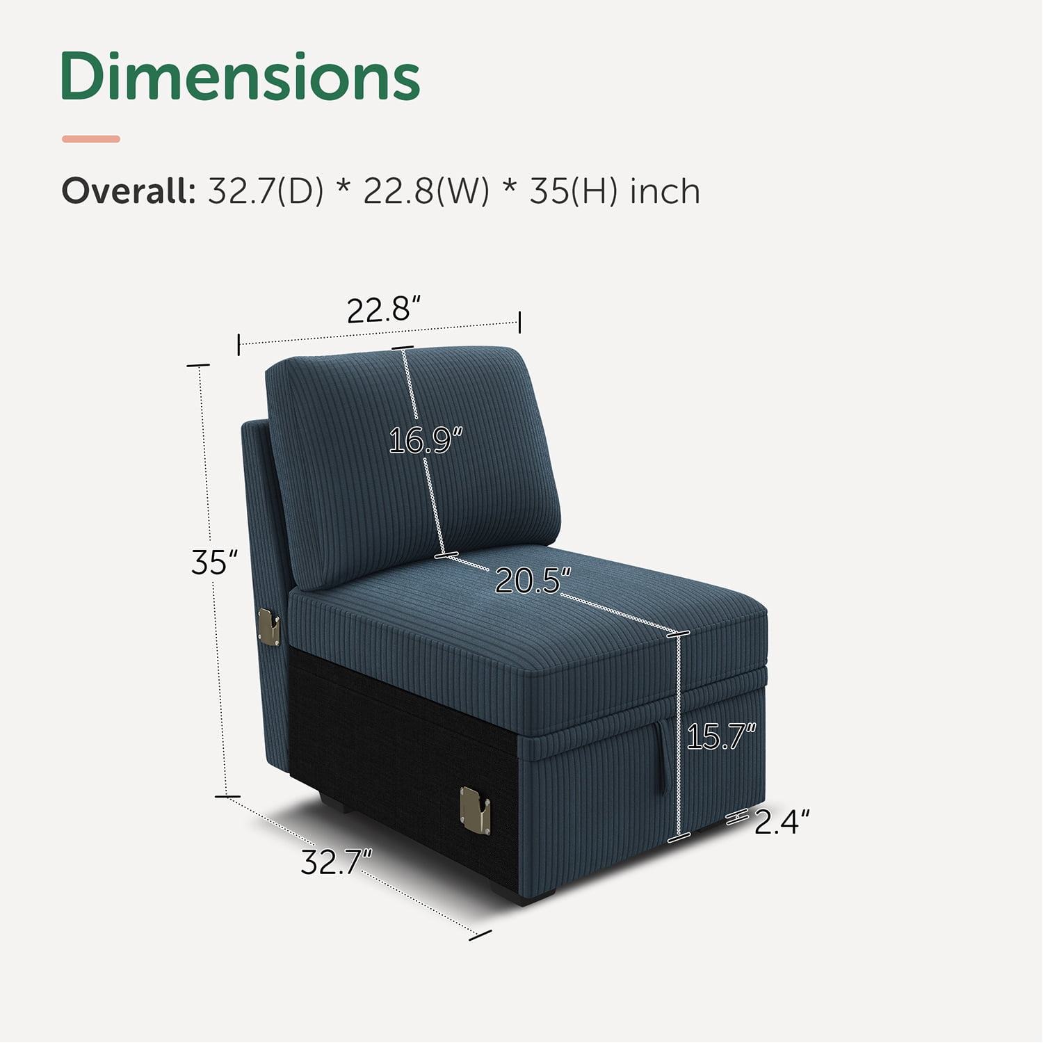 HONBAY Single Seat with Storage for Modular Sectional Sleeper Sofa, Corduroy Blue