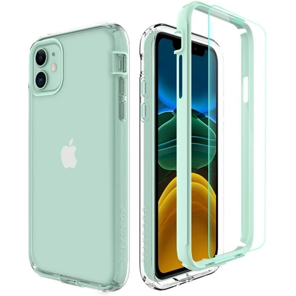PeakDrop Compatible with iPhone 11 Case, Clear Full Body Heavy Duty Protective Case Transparent Cover Designed for iPhone 11 (2X Glass Screen Protector Included) (6.1 inch, 2019) - Mint