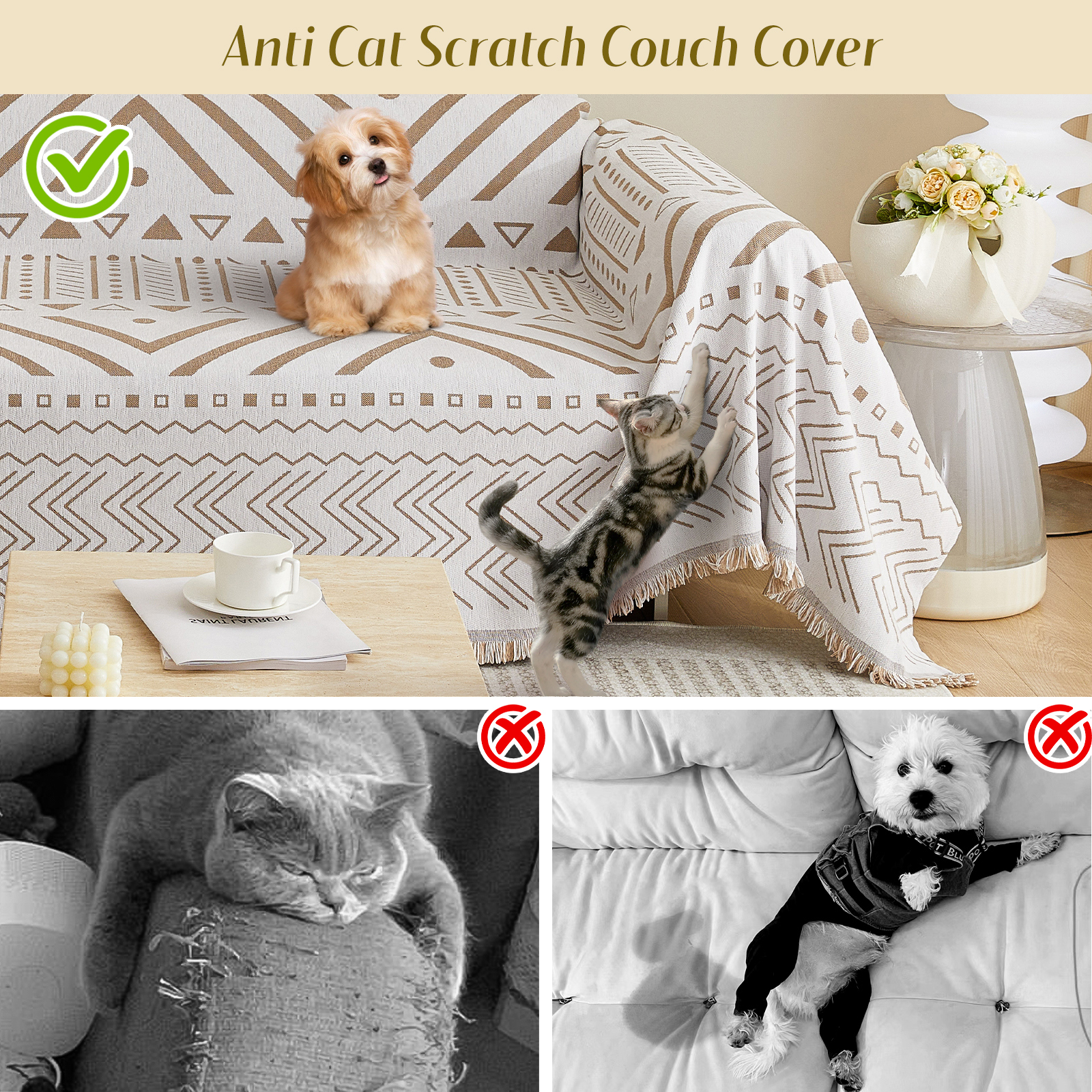 WOOW DEPOT Boho Chenille Sofa Cover Reversible w/ Tassel, Washable Throw Blanket L Shape Slipcover for 2 Cushion Couch, Taupe & White Geometric, 71"x118"