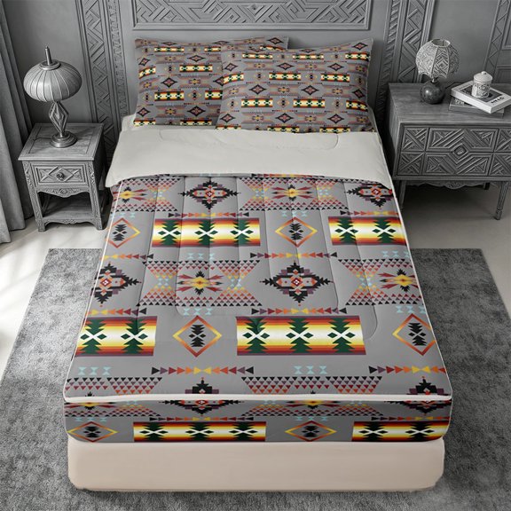 jejeloiu Calm Tribal Zipper Twin Comforter Sets with Fitted Sheet and 2 Pillowcases,Serene Print Zipper Bedding Set For Boys,Gray Multicolor,Light Gray Reversible,4 Pieces