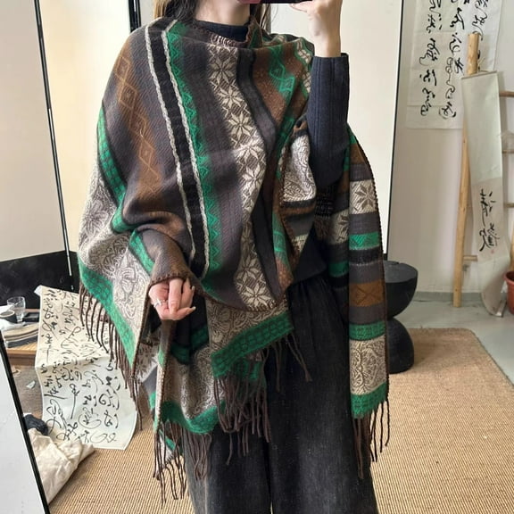 KuKuZhu Patchwork Tassel Shawl Striped Travel Outdoor Soft Blanket Scarf Red Blue 155CM
