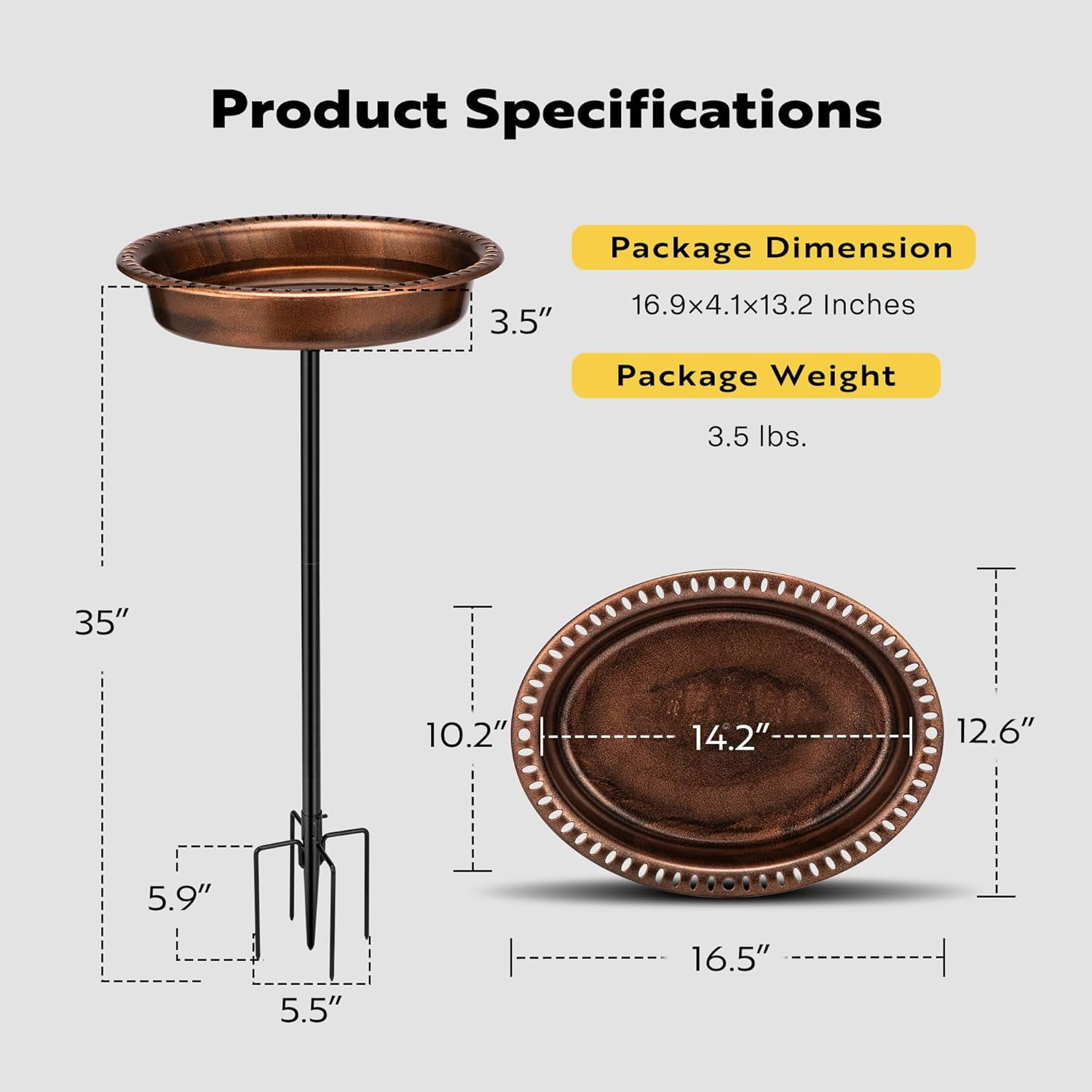 SPECSTAR Oval Polyresin Bird Bath Bowl with Metal Stake, 29 inch Height Outdoor Freestanding Birdfeeder, Capacity 1.3 Gallons, 5-Pronged Base, Bronze