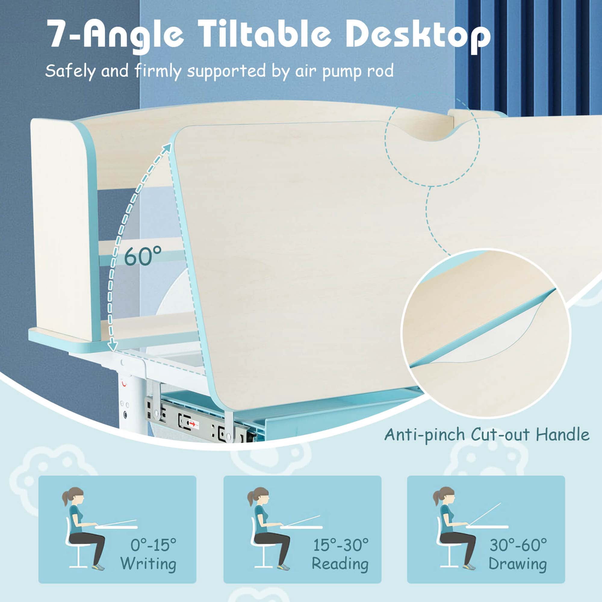 Costway Kids Study Desk with 7-Level Tiltable Desktop Adjustable Height Pull Out Drawer Blue