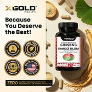 Korean Red Panax Ginseng 1200mg + Ginkgo Biloba - Extra Strength Root Extract Powder Supplement w/High Ginsenosides Vegan Capsules for Energy, Performance & Focus Pills for Men & Women