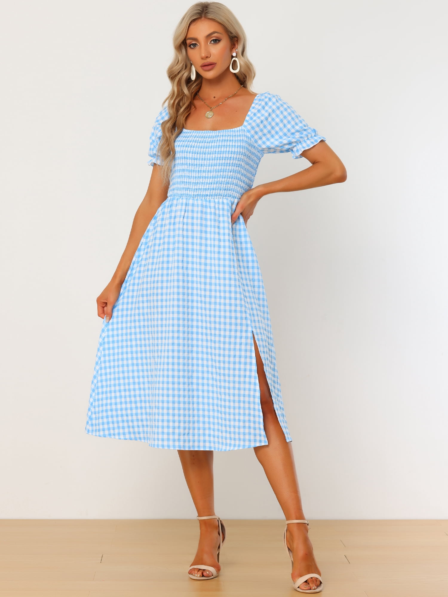 DARING DIVA Puff Sleeve Square Neck Gingham Dress M Light Blue