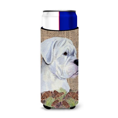 

Caroline s Treasures SS4098MUK White Boxer on Faux Burlap with Pine Cones Ultra Hugger for slim cans Slim Can