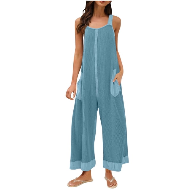 Jumpsuits for Women Casual Summer Rompers Waffle Knit Loose Adjustable Straps Backless Baggy Overalls with Pockets