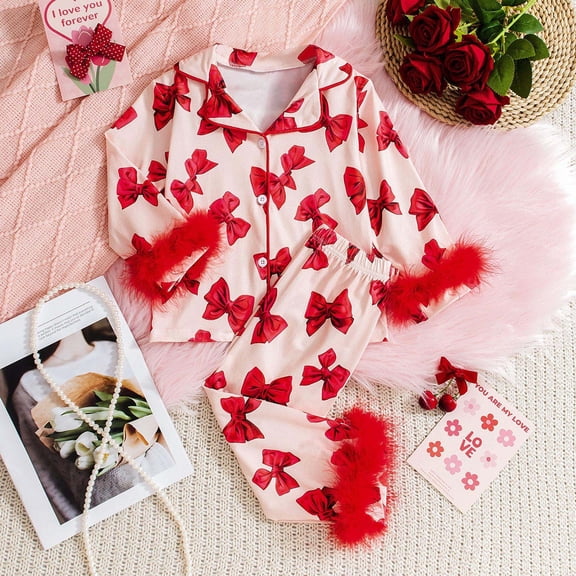 Rhoudy Girl Clothes 2-3 Years Long Sleeve Lapel Tops Valentine'S Day Bow Print Fuzzy Homewear Set Lapel Buttond Shirt Pants Durable Outfits Red