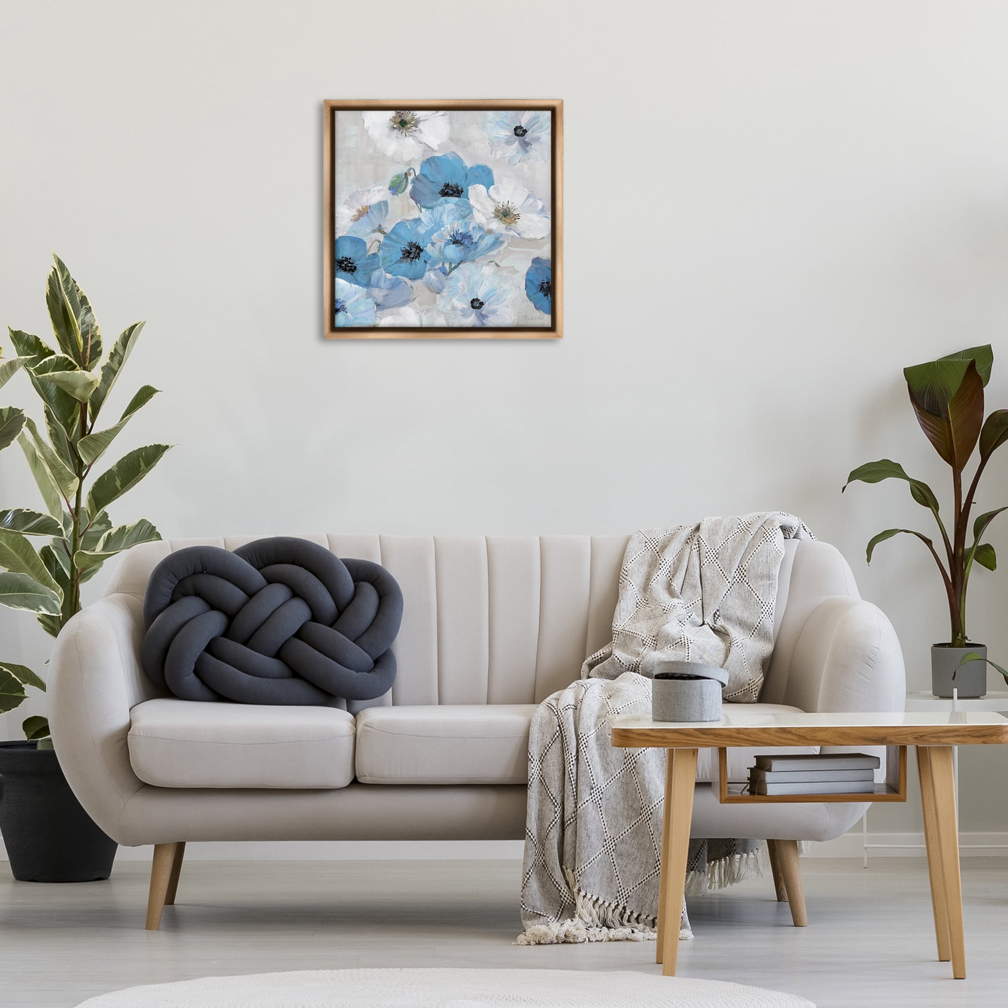 Stupell Industries Blue & White Flowers Plants & Flowers Painting Brown Floater Framed Canvas Art Print Wall Art, 25 x 25