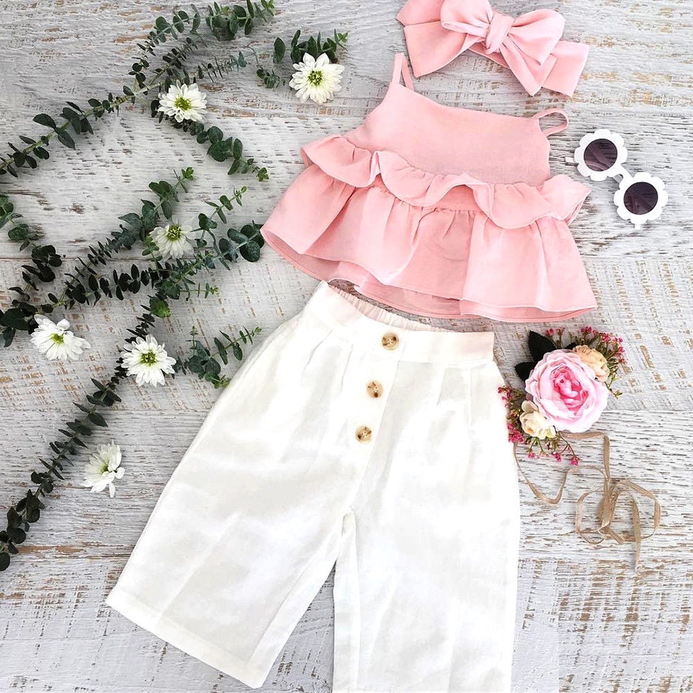 Cute Toddler Kids Baby Girl Headband Off Shoulder Tops Pants 3pcs Outfit Clothes