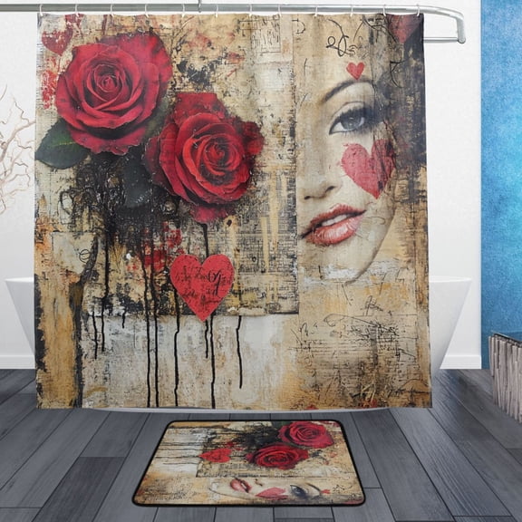 BZSMCE Shower Curtain and Bath Accessory Set,Facade with Roses Pattern
