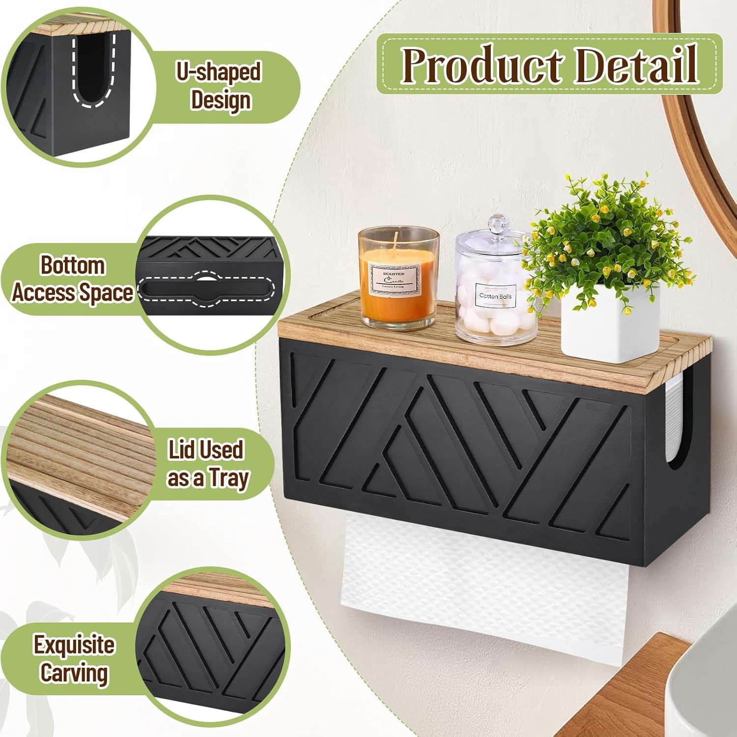 Cnshop Wall-Mounted Paper Towel Dispenser with Solid Wood Top, C-Fold/Trifold Towel Holder with Lid for Bathroom