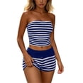 thumbnail image 2 of DYTTDG Slim Fit Women's Striped Knit 2 Piece Outfit | Bandeau Tube Top and Elastic Waist Shorts Set for Beach and Casual Summer Wear, 2 of 8