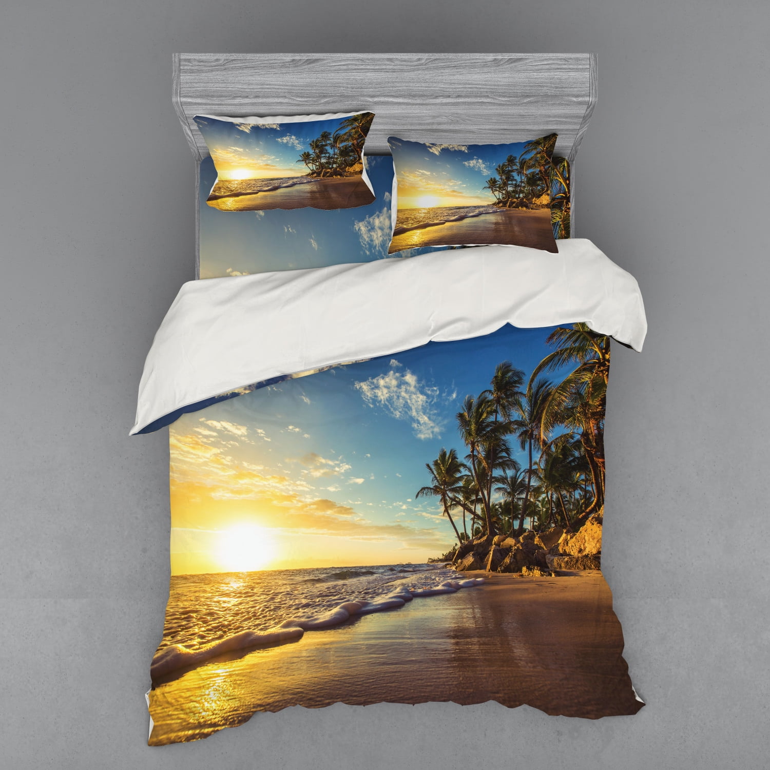Ocean Duvet Cover Set, Image of Palm Trees on Exotic Beach at Sunset