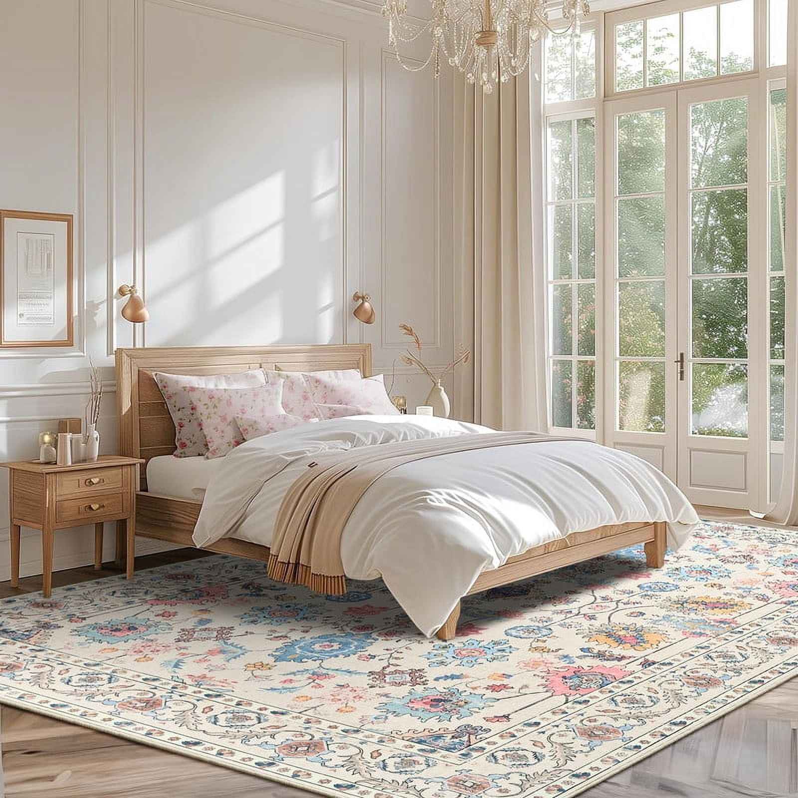 Jamfeel Rugs for Living Room Classic Boho Floral Print Floor Carpets Soft Low Pile Non-slip Washable Area Rug 6'x9' Beige