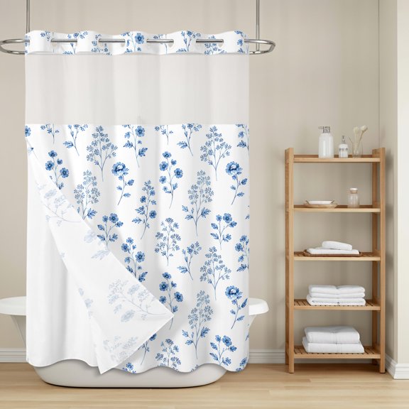 Small Wildflowers No Hook Shower Curtain with Snap in Liner, Rustic Floral Blue Flower Leaves Botanical Waterproof Shower Curtains with See Through Top Window Liner for Bathroom, 72x84 Inches