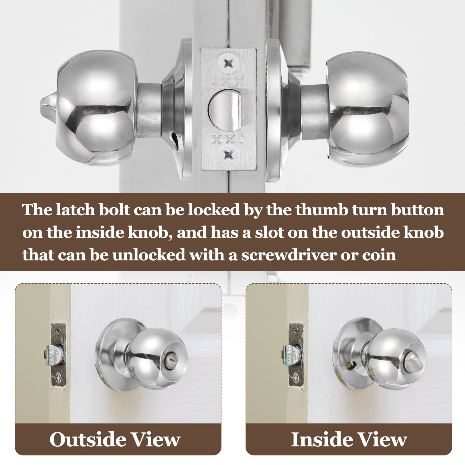 2 Pack Privacy Door Knob, Round Interior Door Handles Keyless Turn Lock Doorknob with Screws Fits 0.98"-1.77" Thickness for Bedroom, Bathroom Closets, Silver Tone