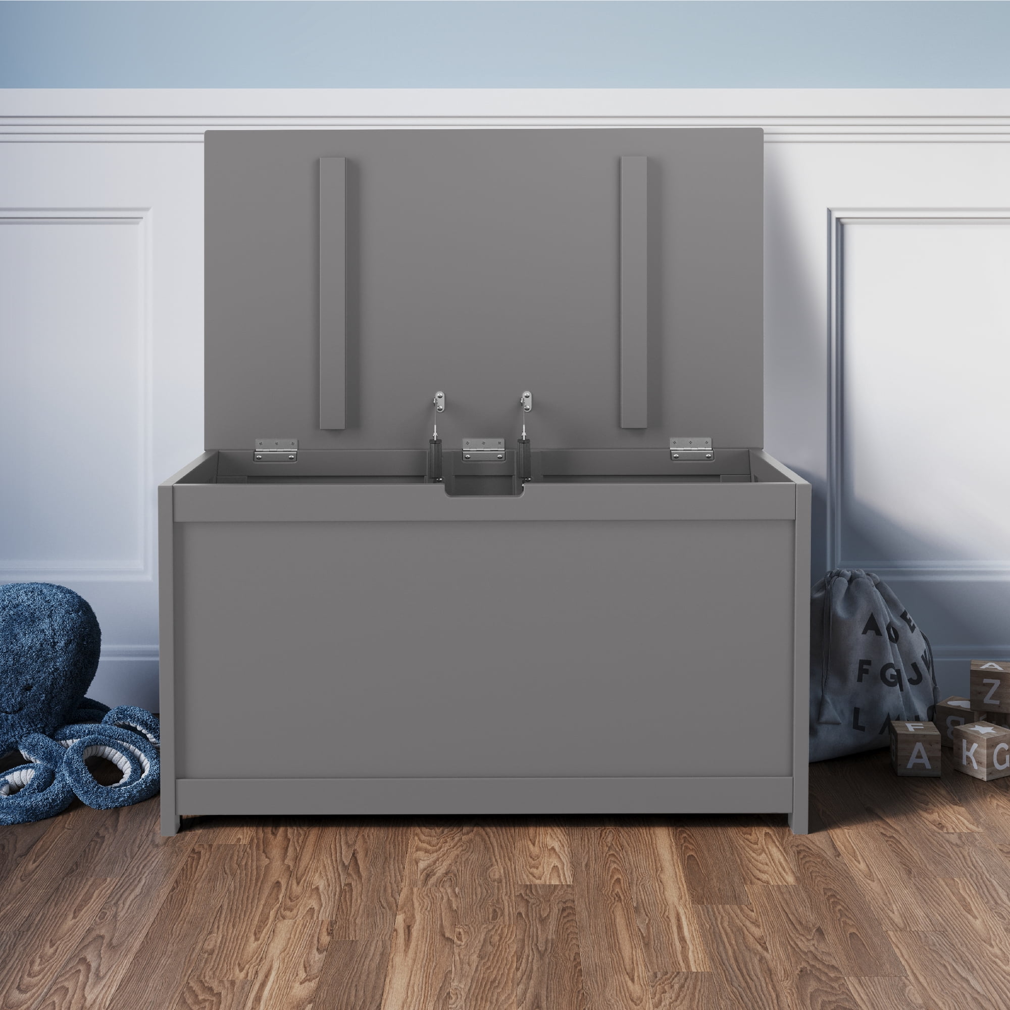 Child Craft Harmony 33" Kids Toy Box Storage Chest, Soft-Close Hinges, Wooden Construction, Cool Gray