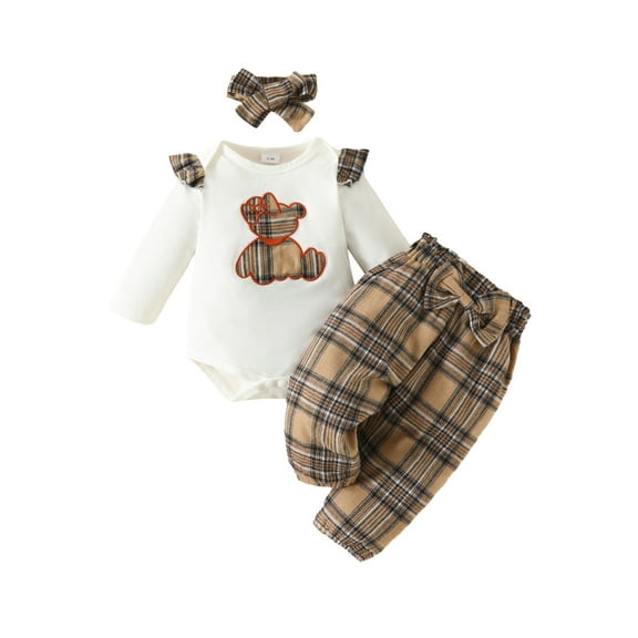 Wassery 3Pcs Infant Baby Girls Fall Outfit 3 6 9 12 18 Months Newborn Long Sleeve Romper Tops   Plaid Long Pants Headband Casual Pullover