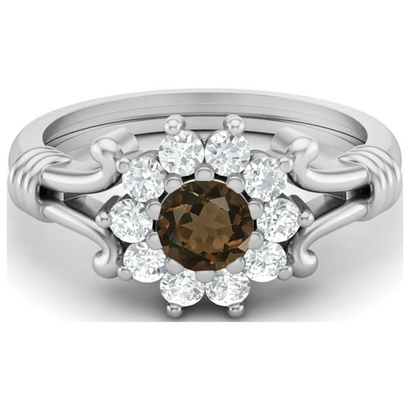 Mooneye 4.5mm Round Shape Smoky Quartz 925 Sterling Silver Cluster Women Valentines Day Gifts Ring