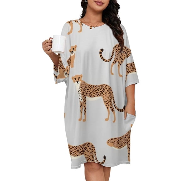 Cheetah Seamless Repeating Pattern Sleepshirts For Sleeping Travels Loose Sleepdress Pajama Dress Soft Nightdress Sleepwear