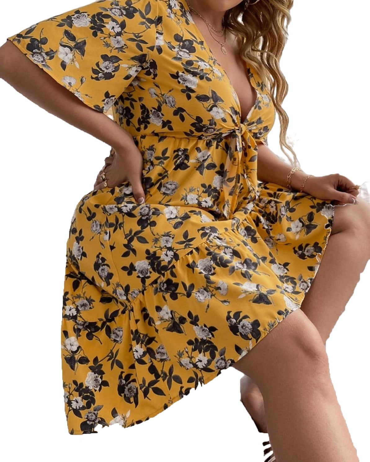 Women's Plus Floral Deep V Neck Dress Boho Short Sleeve High Low Hem Midi  Dress 3XL(18) Mustard Yellow - Walmart.com