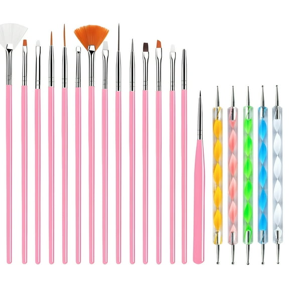 JacobsParts 20-Piece Professional Nail Art Brushes Set, Dotting Tools, Dust Brush, Nail Drawing Pen for Perfect Manicure and Detailed Designs (Pink)