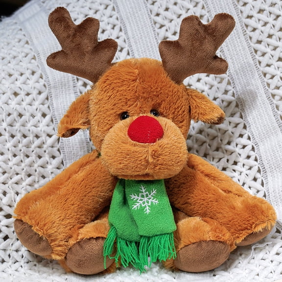 Christmas Reindeer Plush Toy, Cute Soft Moose Stuffed Animal with Red Nose & Green Snowflake Scarf, Unique Holiday Teddy Bear Gift for Kids and Adults