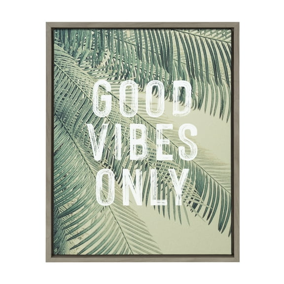 Kate and Laurel Sylvie Vintage Tropical Palms Good Vibes Only Framed Canvas Wall Art by The Creative Bunch Studio, 18x24 Gray, Beach-Inspired Art for Wall