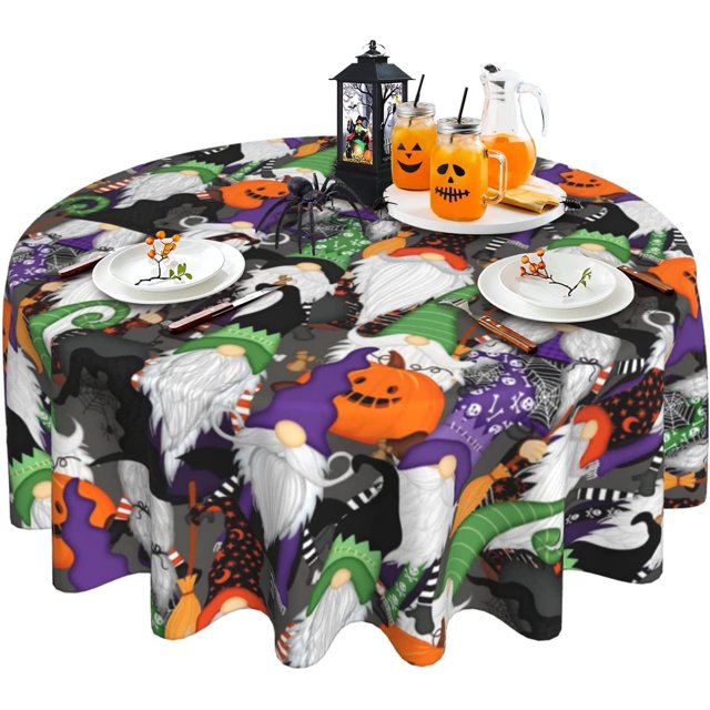 Nappe d'Halloween Lavable Nappe Gnome Réutilisable Nappe Ronde d'Automne 60 Pouces Couverture de Table Rustique de Ferme pour Décoration de Table de Fête de Vacances