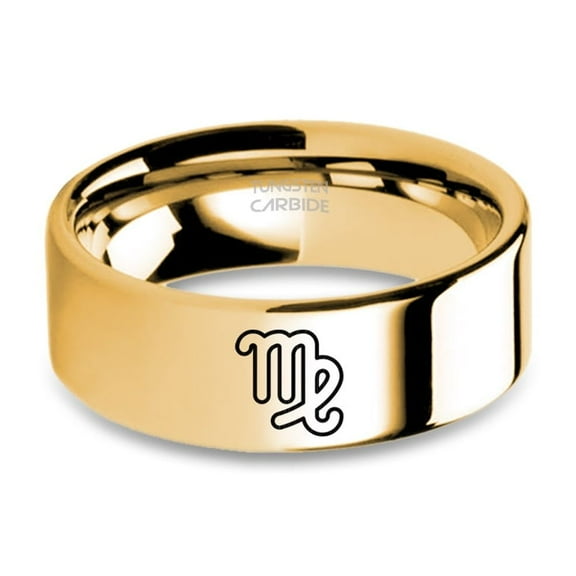 Virgo Maiden Star Sign Laser Engraved Yellow Gold Tungsten Ring, 8mm, Size 15