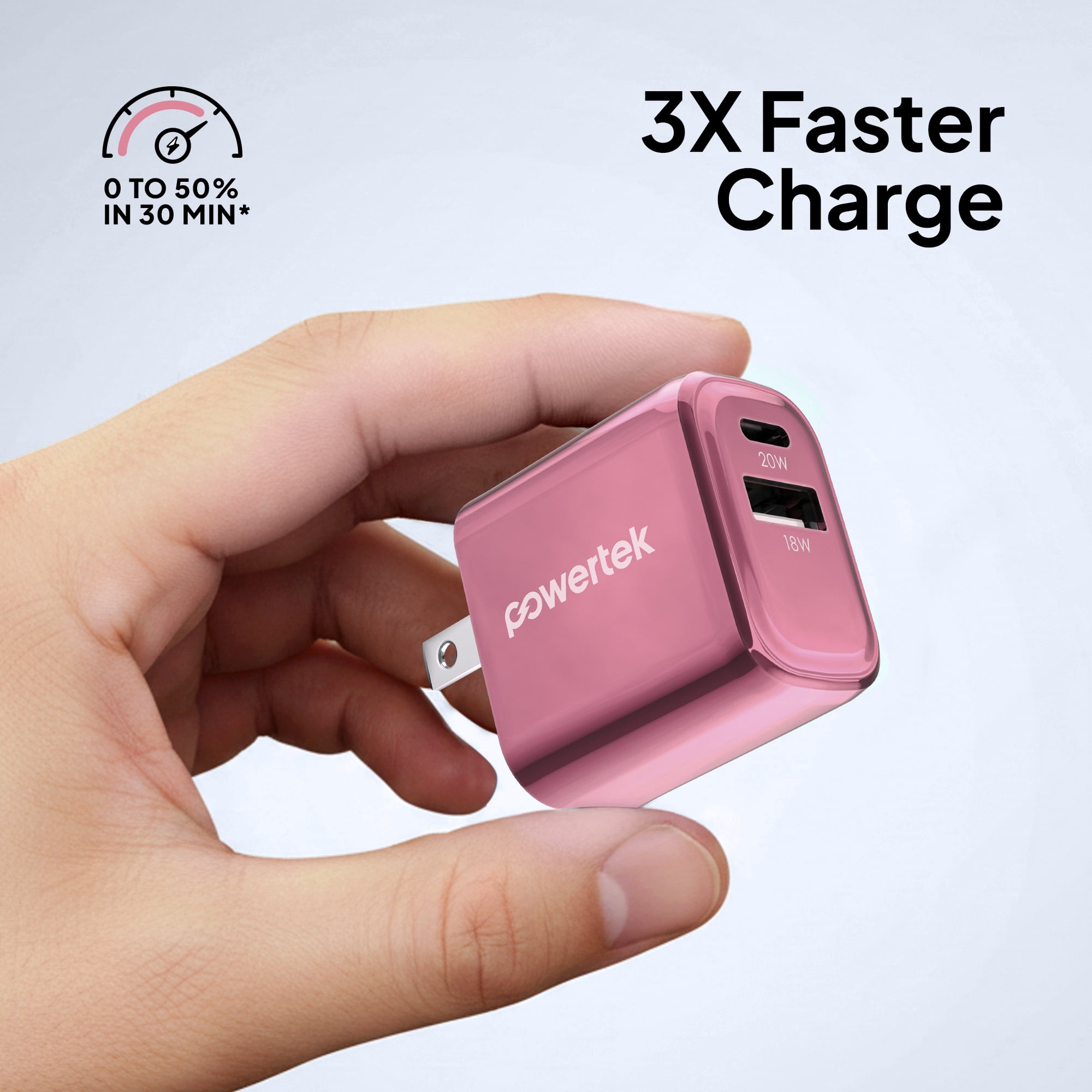 Powertek Luxe 20W USB-C + 18W USB-A Fast Charging Dual Port Block, Pink, Compatible with iPhone, Android, Tablets & USB Devices, Compact Travel Adapter