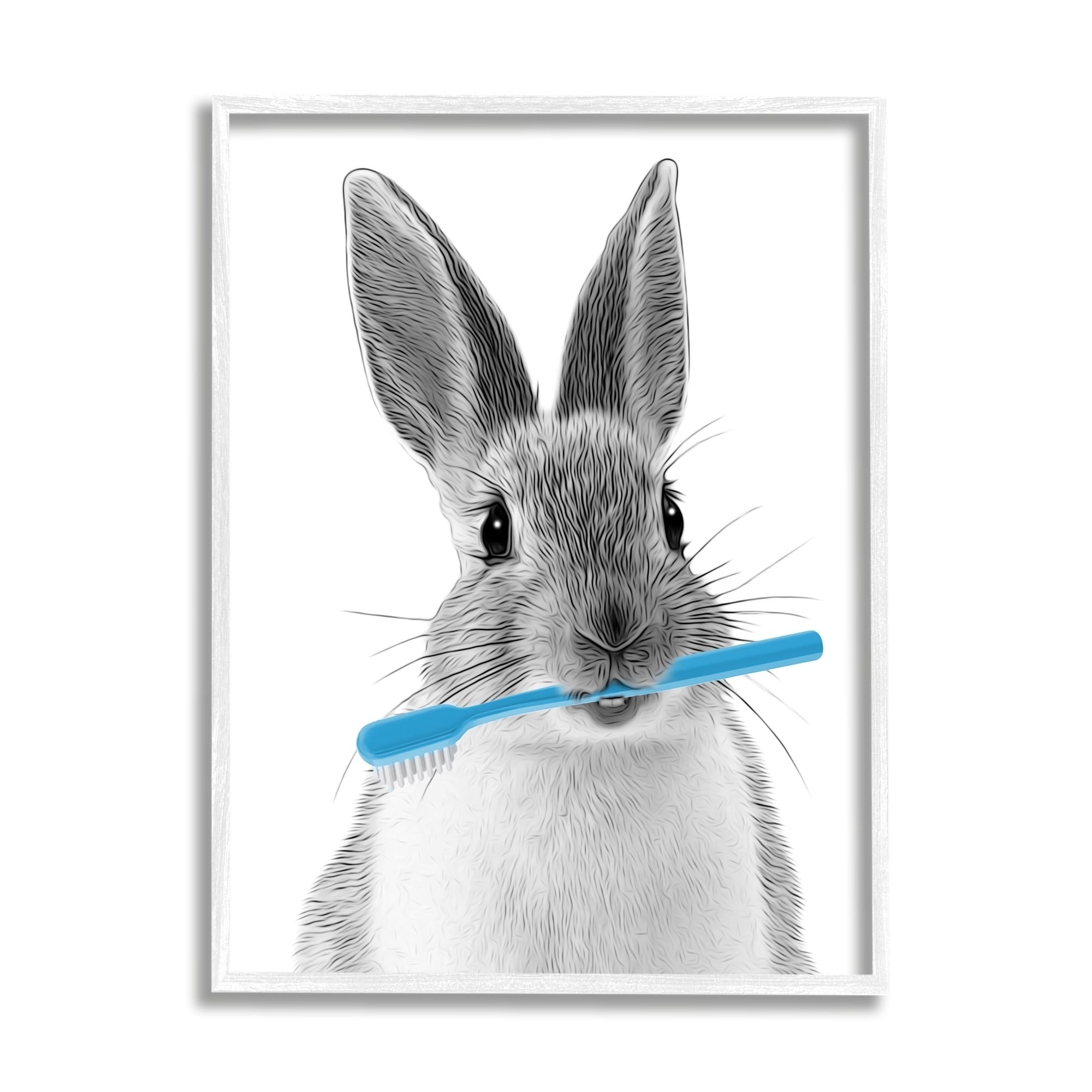 Stupell Industries Bunny Toothbrush Bathroom Animal Animals & Insects Painting White Framed Art Print Wall Art