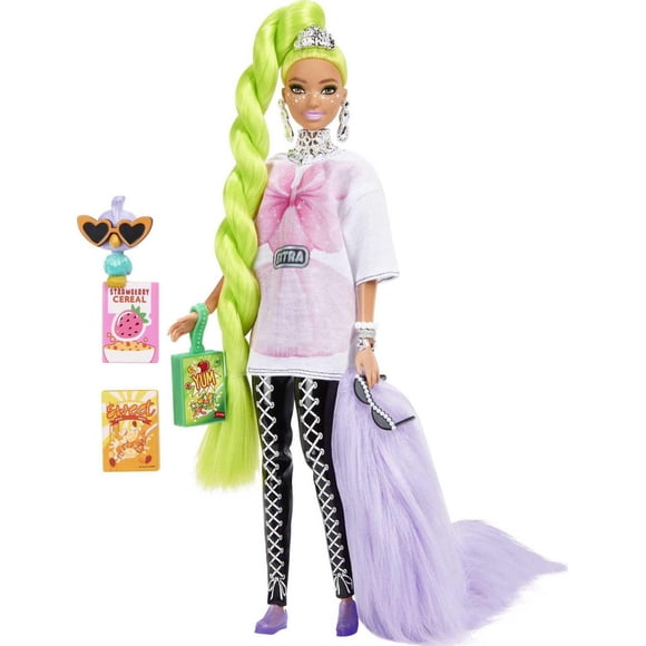 Barbie Extra Doll #11 in Oversized Tee & Leggings with Pet Parrot, Extra-Long Neon-Green Hair & Accessories, Flexible Joints, Gift for Kids 3 Years Old & Up