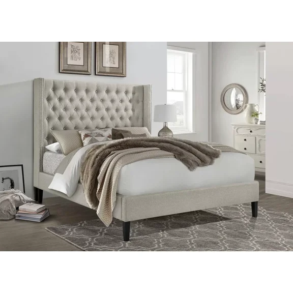 Wing Back Tufted California King Platform Bed with Nailhead Accent, Upholstered Bed Frame, Beige