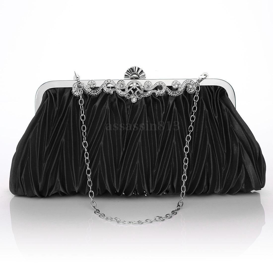 Black Diamante Crystal Satin Bridal Wedding Prom Purse Clutch Bag Handbag UK 