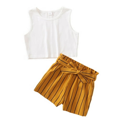 

4T Girls Clothes Baby Girls Outfits Sleeveless Round Neckline Tank Top Stripe Shorts 2PCS Set 4-5T Toddler Girls Summer Outfits White