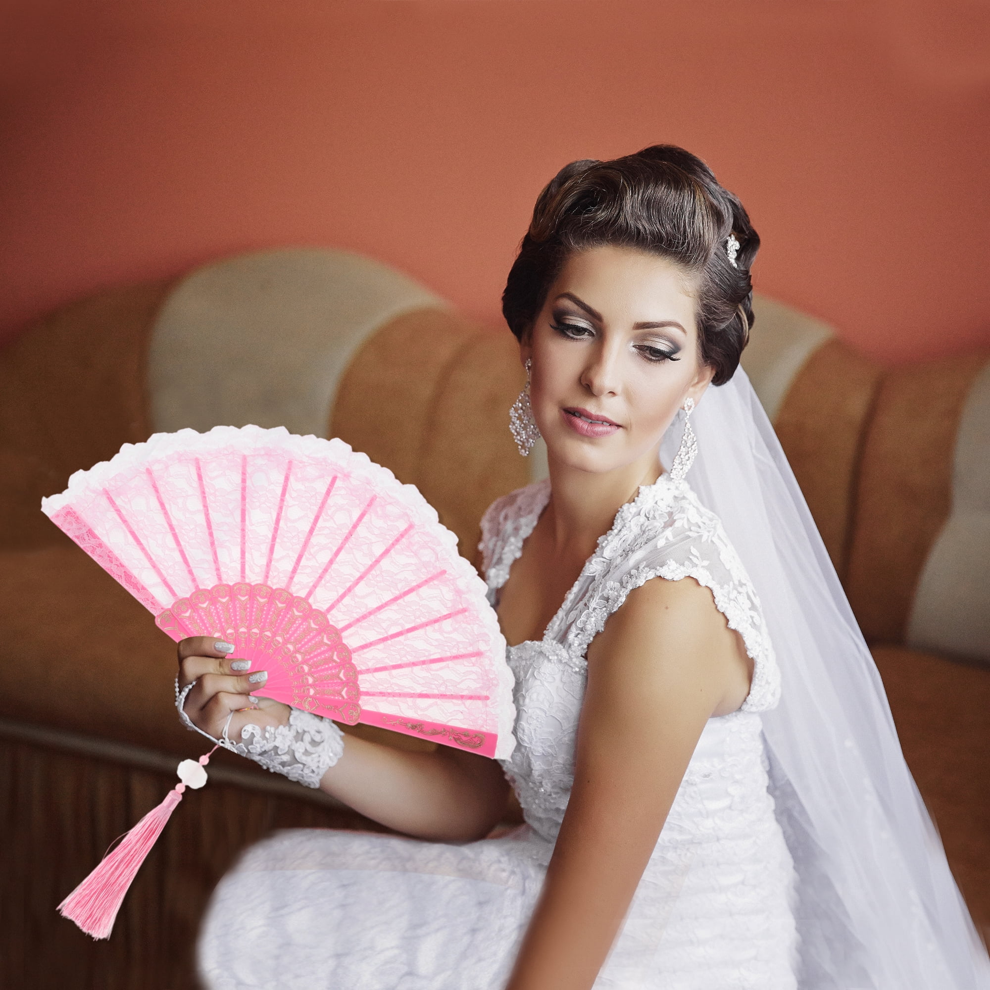 Unique Bargains Lace Trim Orchid with Tassel Folding Fan 1 Pc Pink
