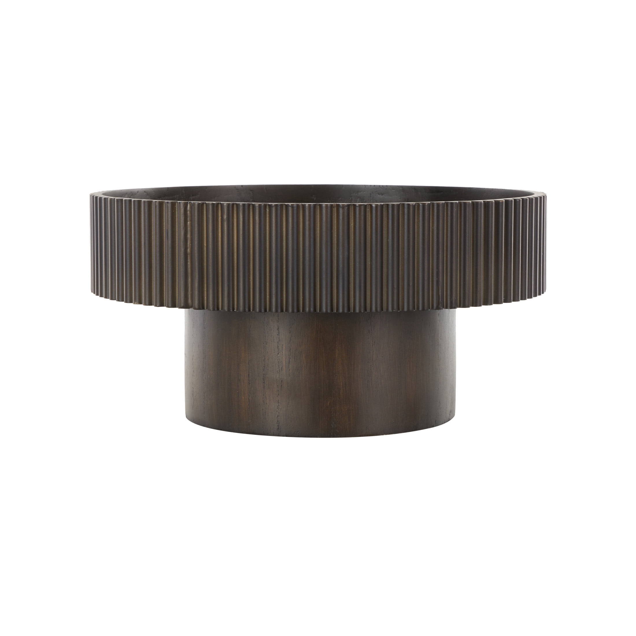 DecMode 14" Round Ribbed Dark Brown Wood Decorative Bowl with Elevated Base