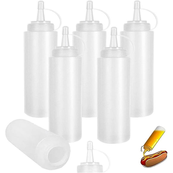 Botellas exprimibles para condimentos, 6 unidades, 8 oz, con tapa, transparentes, sin BPA, para mostaza, condimentos, ketchup, mostaza, mayonesa y aceite de oliva