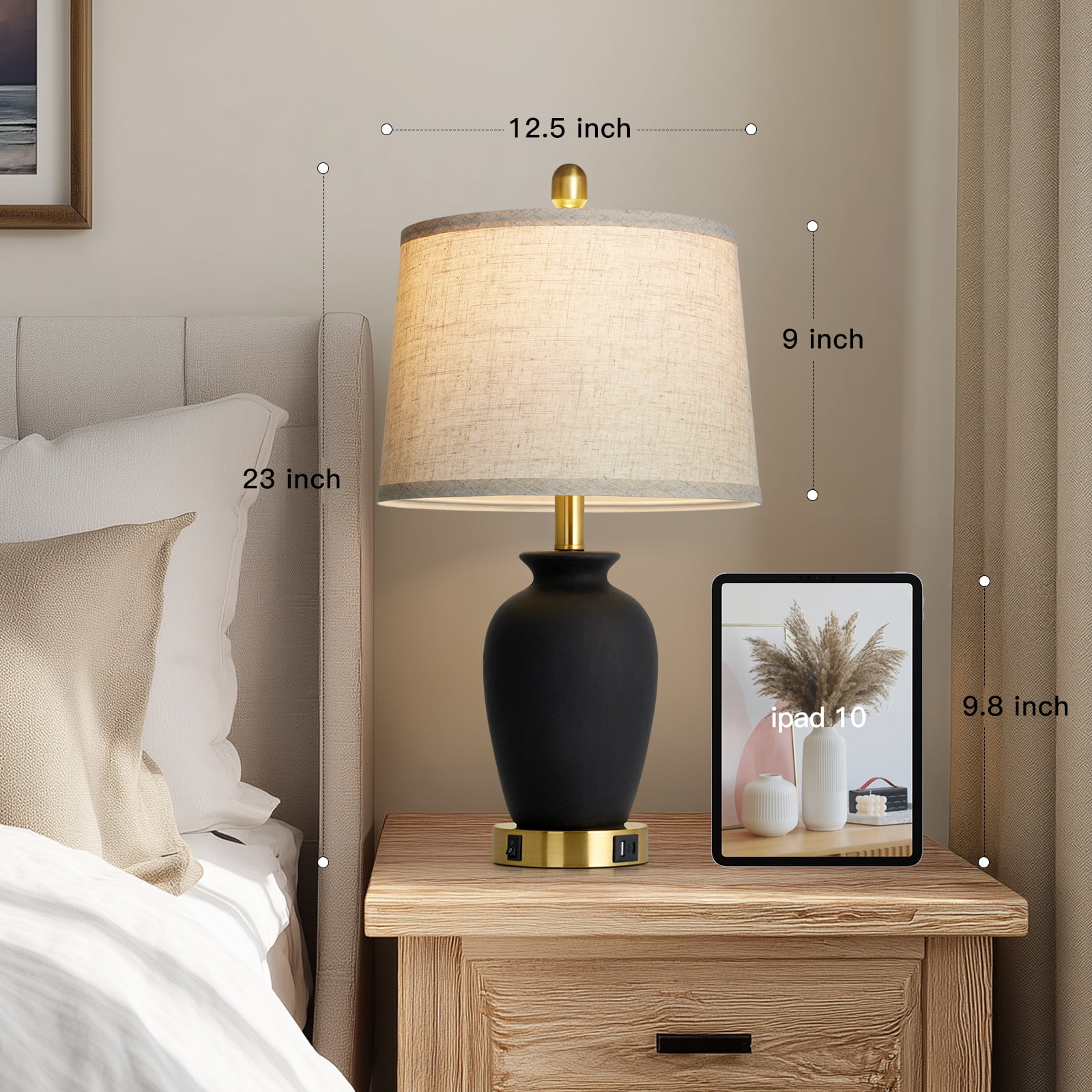 Lolikit Retro Black Ceramic Jar Table Lamps Set of 2 for Bedroom Living Room 23" Farmhouse Nightstand Bedside Lamp with USB A+C Ports