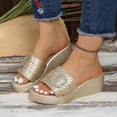 thumbnail image 2 of hlysgo Women's Croc Embossed Open Toe Wedge Heel Mule Slides Rhinestone Square Buckle Elegant Daily Sandals Gold 6, 2 of 6