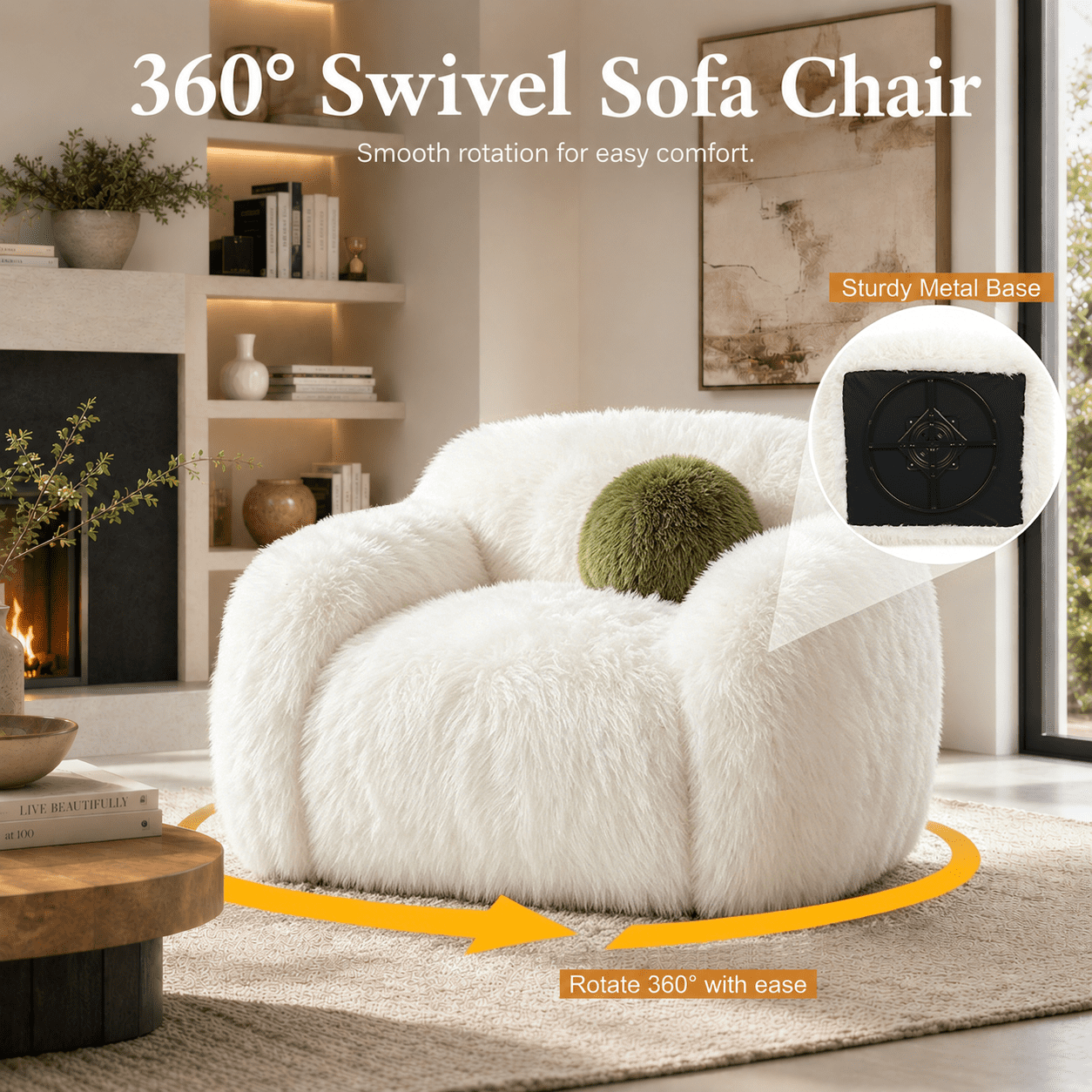 Aenkyo Oversized 360 Degree Swivel Accent Chair, Plush Faux Fur Barrel Sofa Chair, 25" Deep Seat, White