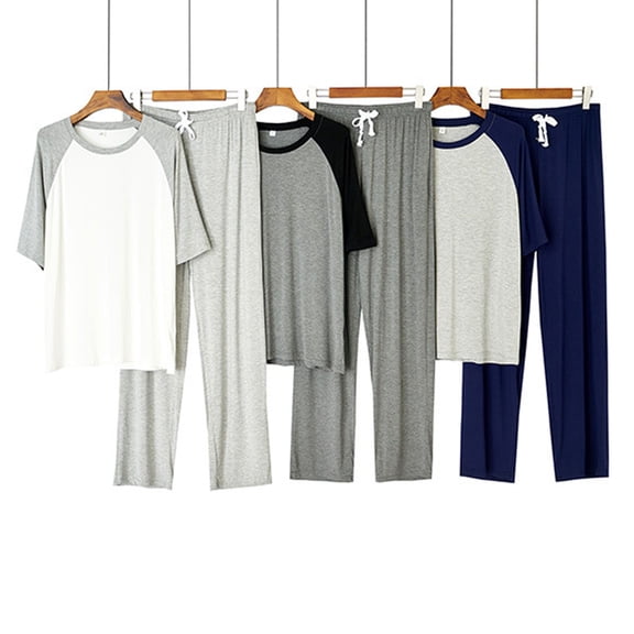 Swuxness Mens Short Sleeve Pajama 2 Piece Sets, Men's Long Pants Set, Men Raglan Color Crew Neck Comfortable Breathable Lightweight Relaxed Pajamas Set Black, XL