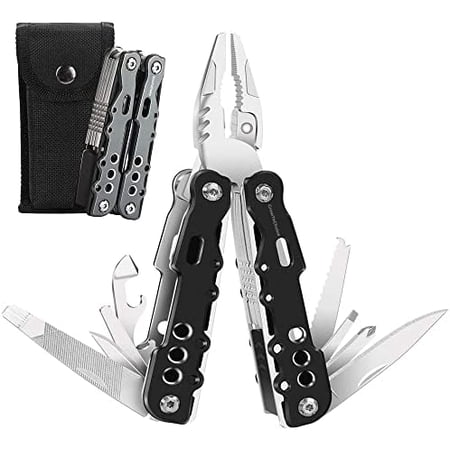 14-In-1 Multitool Pliers Pocket Knife Stainless Steel Great Camping Accessories - Camping Multi Tool Gifts for Men with Portable Belt Holder Nylon Pouch and Safety Locking Survival Tools