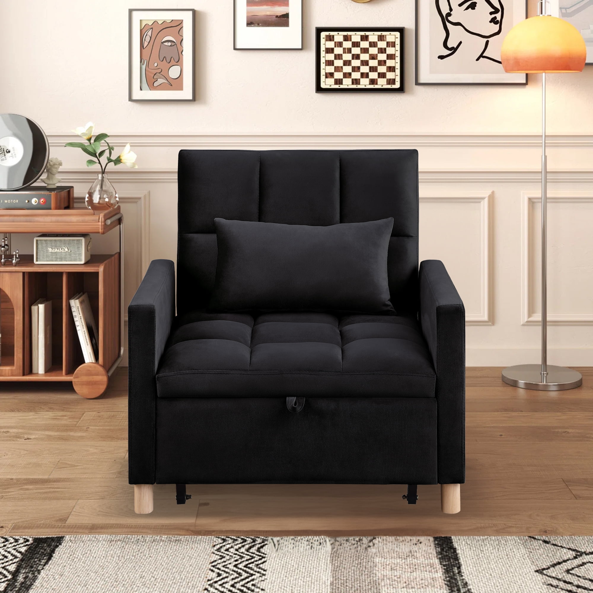 Aukfa 3-in-1 Sleeper Chair, Convertible Pull Out Chair Bed for Small Space, Black