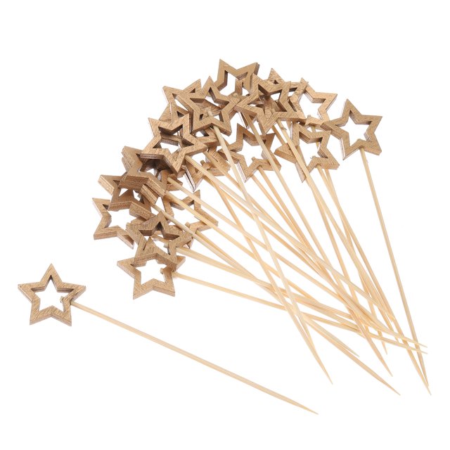 Bamboo Cocktail Toothpicks Hollow Star Shaped Drink Pick Skewer 100Pack, Gold