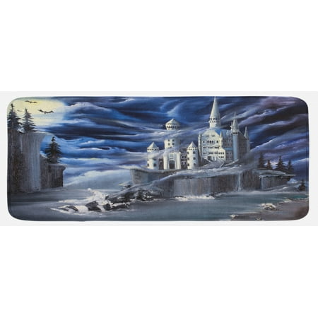 

Fantasy Kitchen Mat Island with Castle Full Moon Cloudy Dramatic Sky Foggy Weather Plush Decorative Kitchen Mat with Non Slip Backing 47 X 19 Dark Blue Grey White by Ambesonne