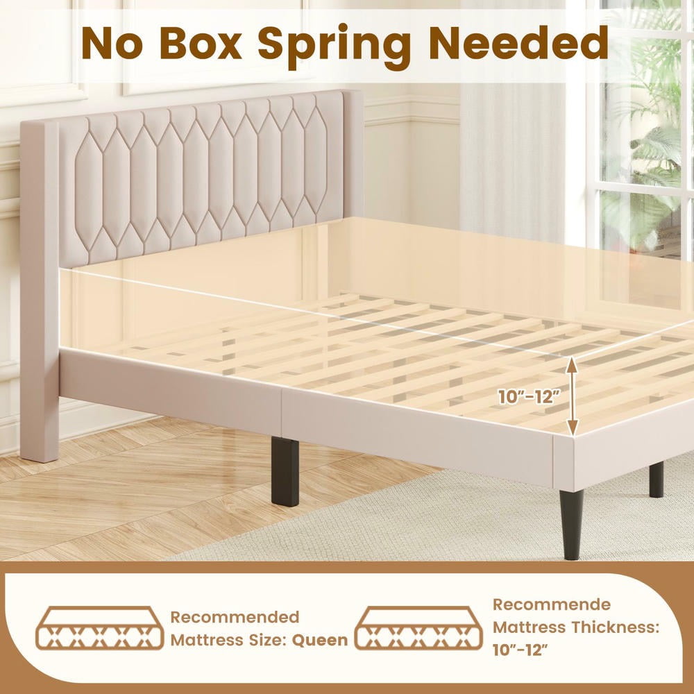 GVN Queen Size Dutch Linen Fabric Upholstered Sturdy Bed Frame with Wingback Headboard and Wooden Slat Support, Bedroom Platform Bed Frame for Apartment, Bedroom, Beige